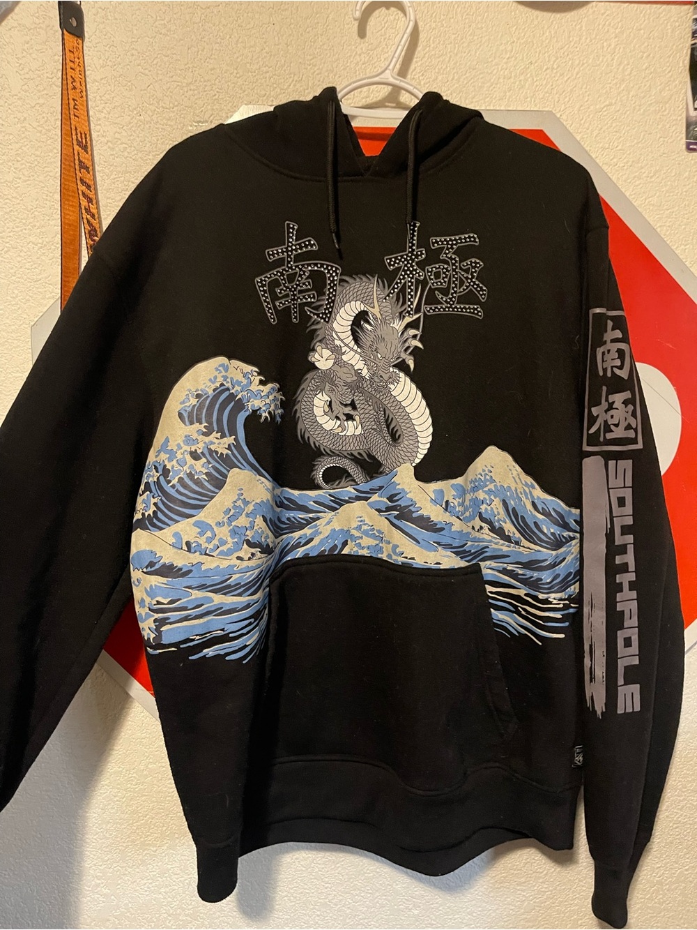 South Pole Black Hoodie with Blue Wave & Silver Dragon Graphic